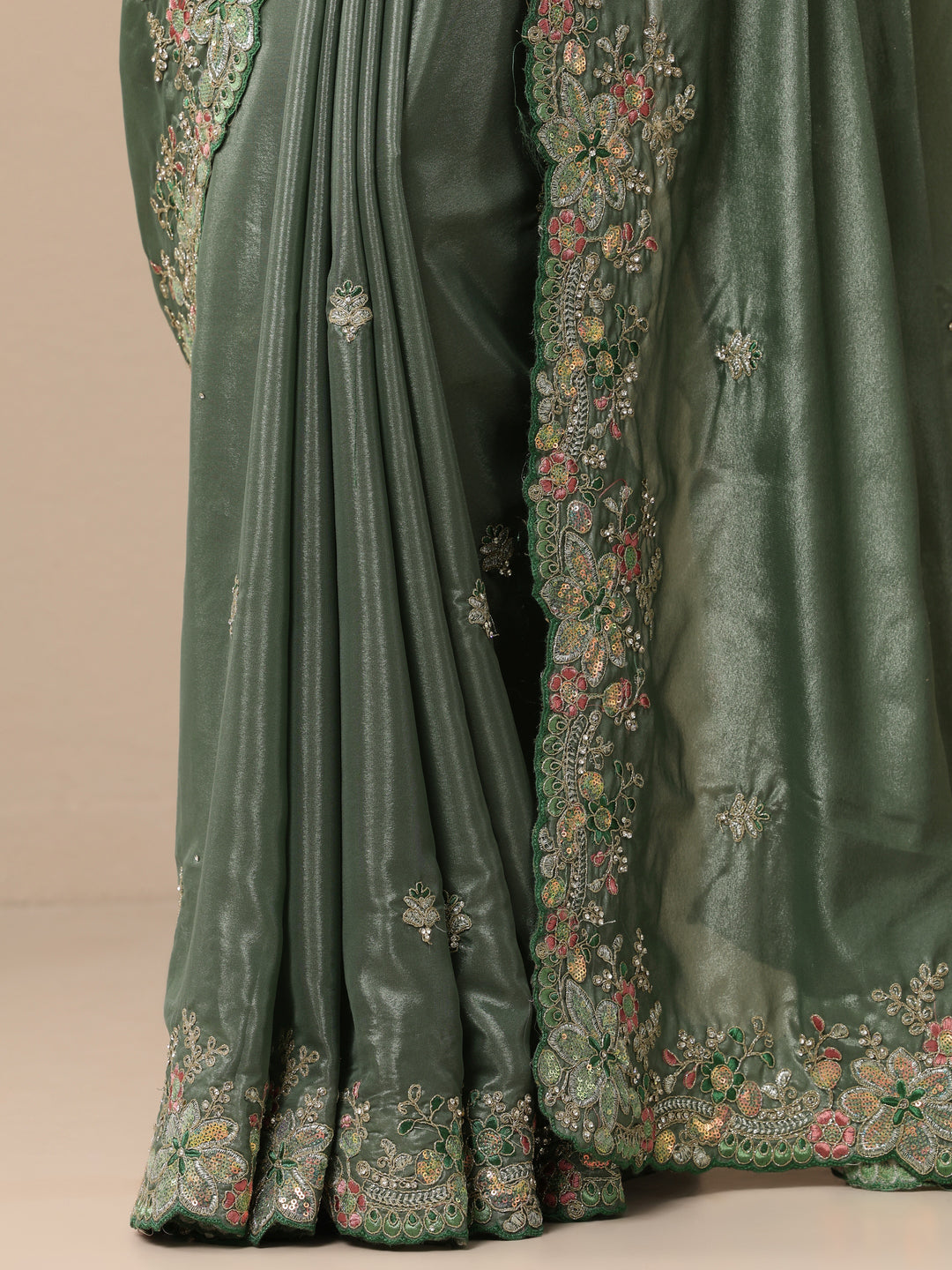  Green Embroidered Crepe Saree With Unstitched Blouse Piece 