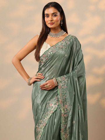 Green Embroidered Crepe Saree With Unstitched Blouse Piece