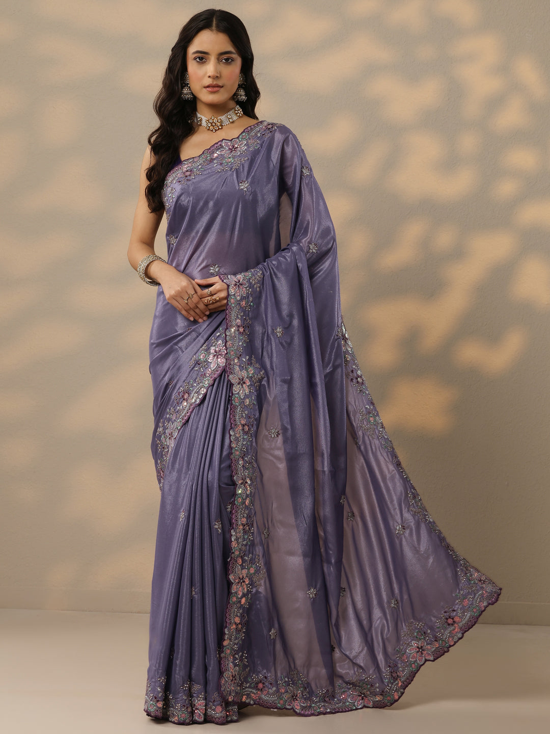  Lavender Embroidered Crepe Saree With Unstitched Blouse Piece 