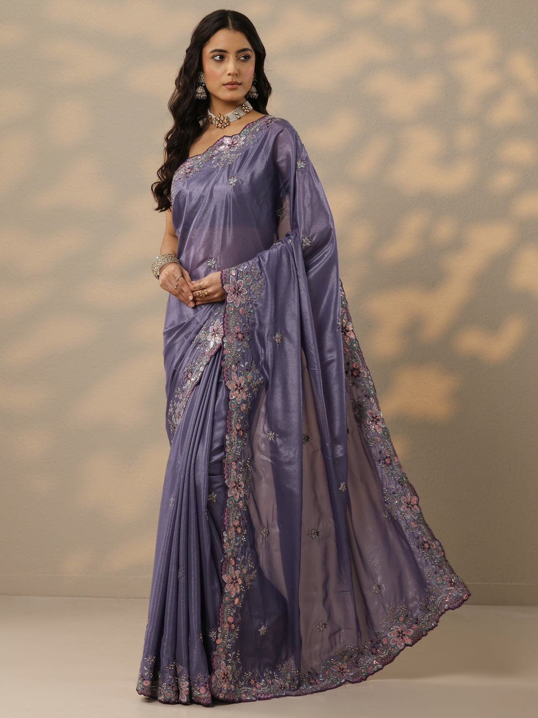  Lavender Embroidered Crepe Saree With Unstitched Blouse Piece 