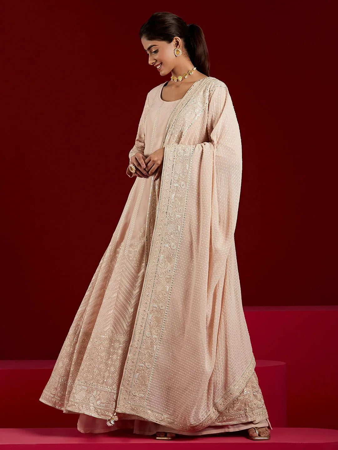  Libas Art Peach Embroidered Georgette A-Line Kurta With Palazzos & Dupatta 