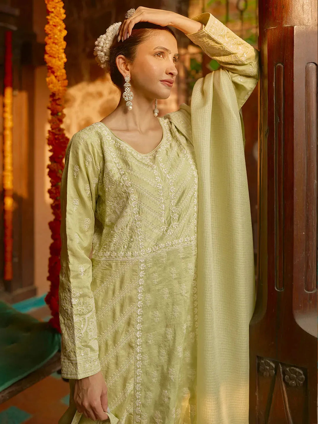  Libas Art Green Embroidered Silk A-Line Kurta With Trousers & Dupatta 