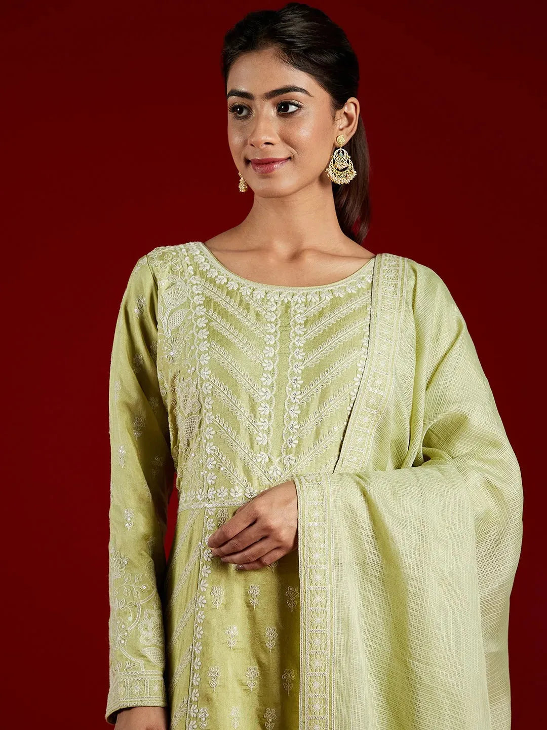  Libas Art Green Embroidered Silk A-Line Kurta With Trousers & Dupatta 