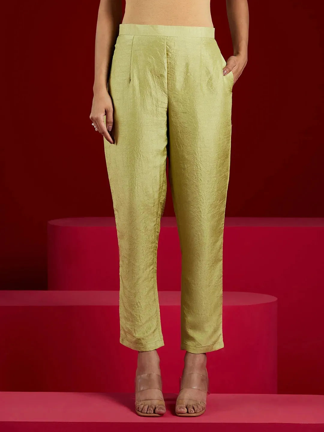  Libas Art Green Embroidered Silk A-Line Kurta With Trousers & Dupatta 