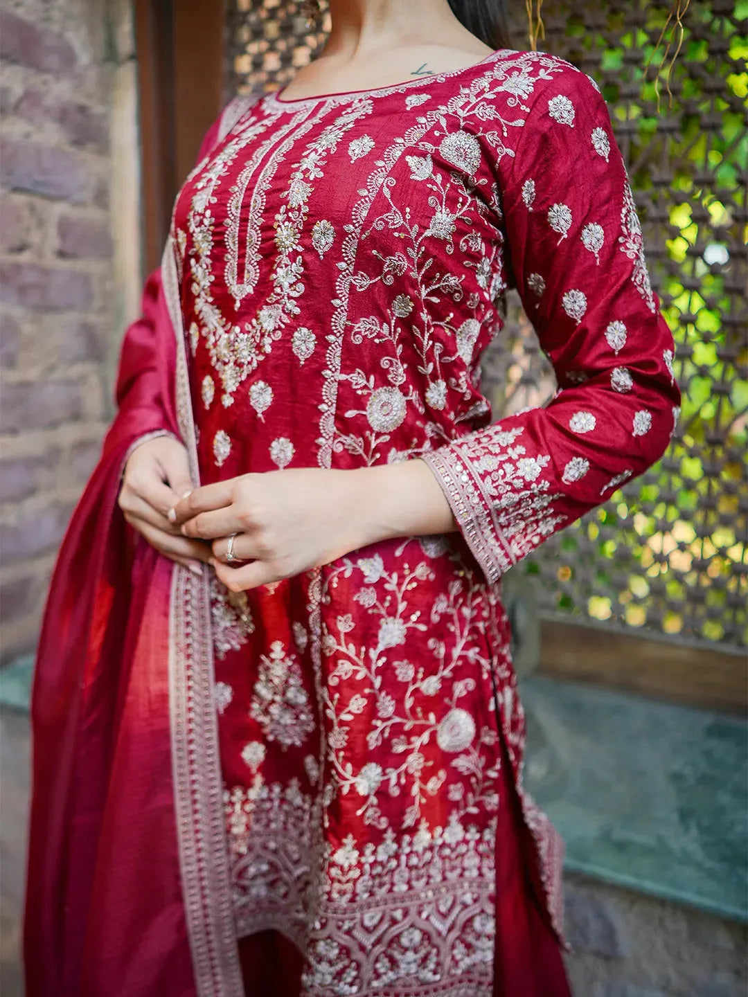  Libas Art Pink Embroidered Silk Straight Suit With Dupatta 