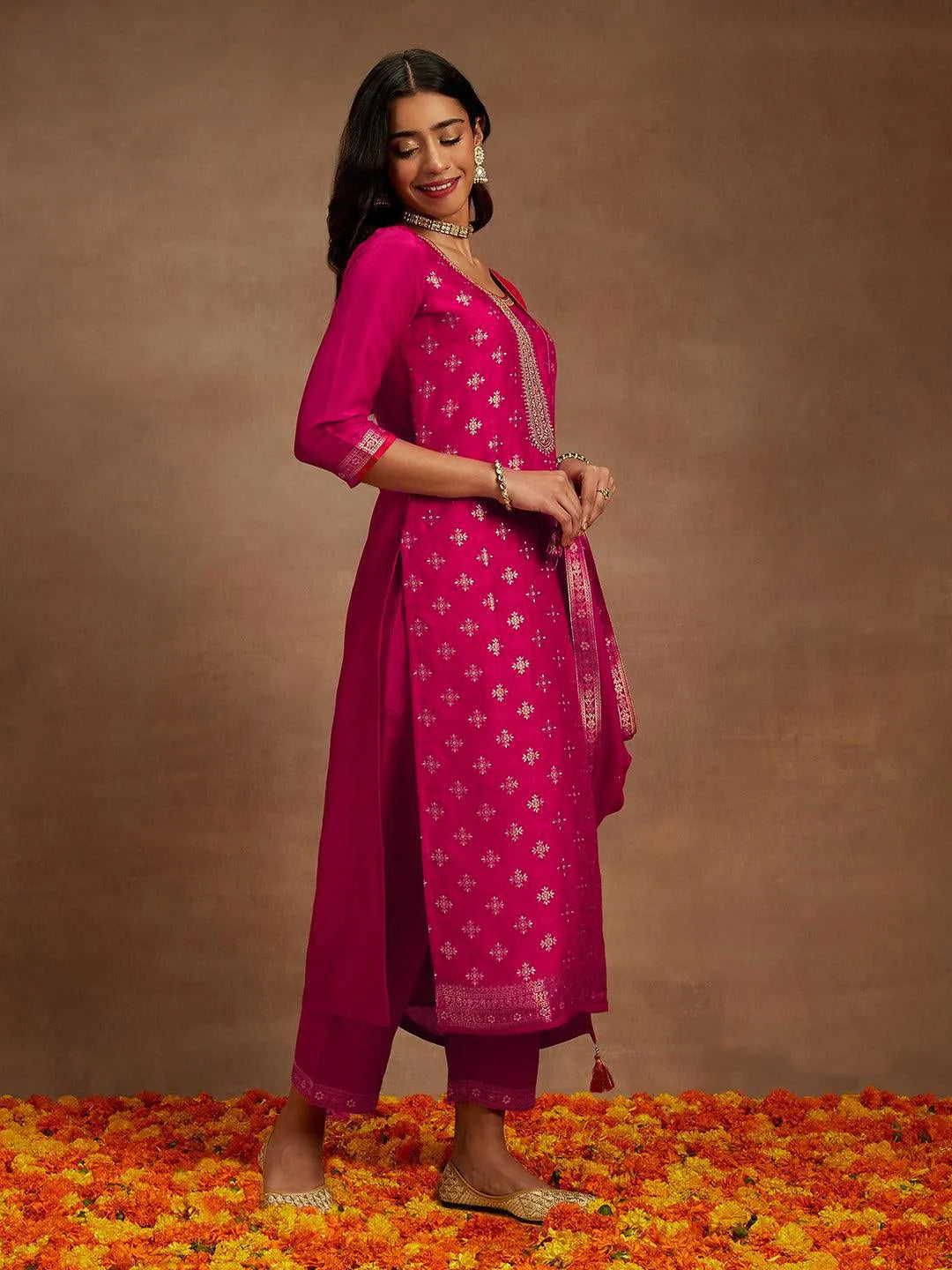  Pink Printed Silk Blend Straight Suit With Dupatta 