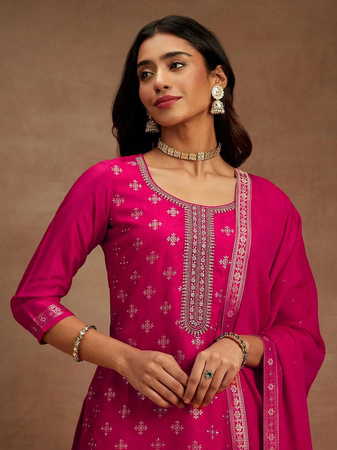  Pink Printed Silk Blend Straight Suit With Dupatta 