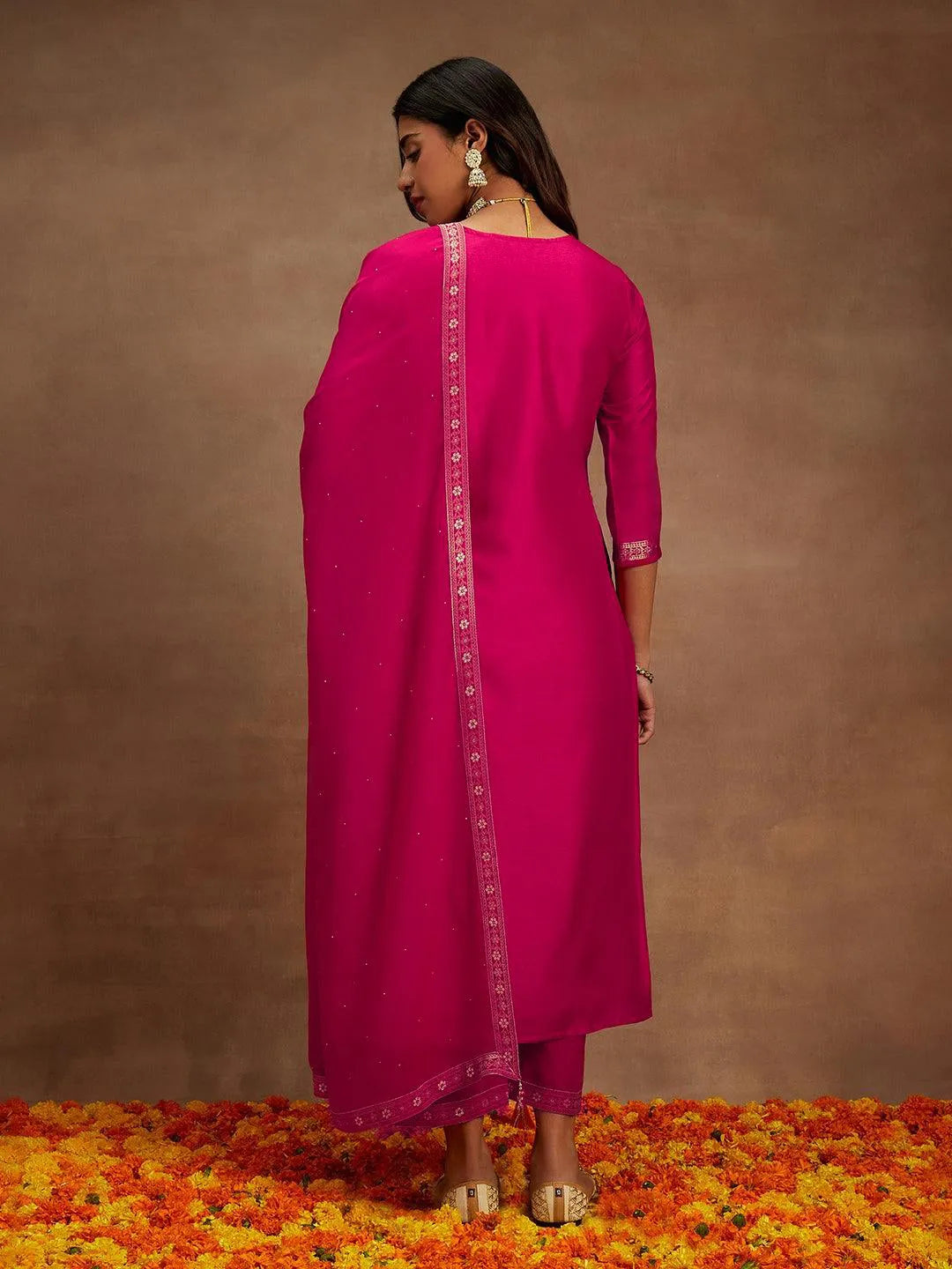  Pink Printed Silk Blend Straight Suit With Dupatta 
