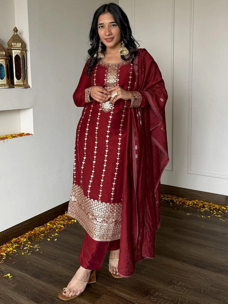 Libas Maroon Embroidered Silk Straight Suit With Dupatta