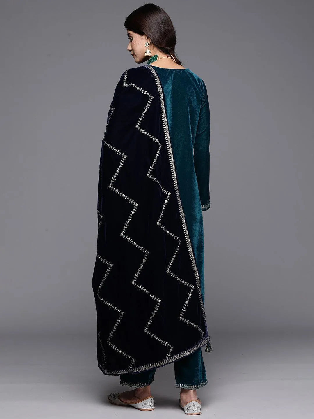  Teal Yoke Design Velvet Straight Suit With Dupatta 