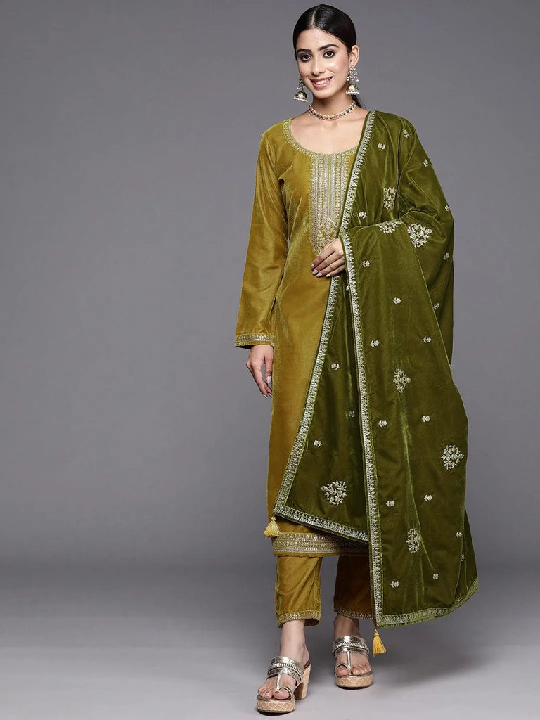 Libas Mustard Yoke Design Velvet Straight Suit With Dupatta