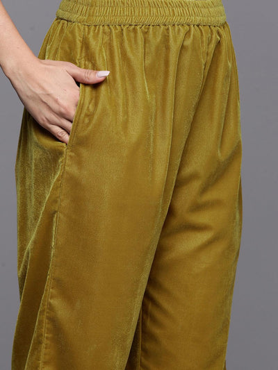 Mustard Yoke Design Velvet Straight Kurta With Trousers & Dupatta - Libas