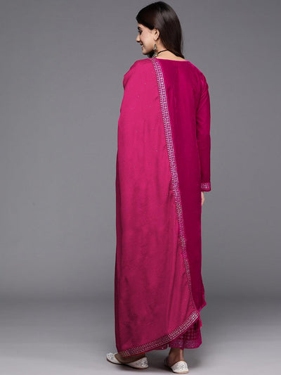 Hot Pink Yoke Design Velvet Straight Kurta With Palazzos & Dupatta - Libas