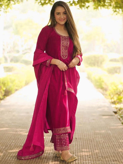 Pink Yoke Design Velvet Straight Suit With Dupatta - Libas