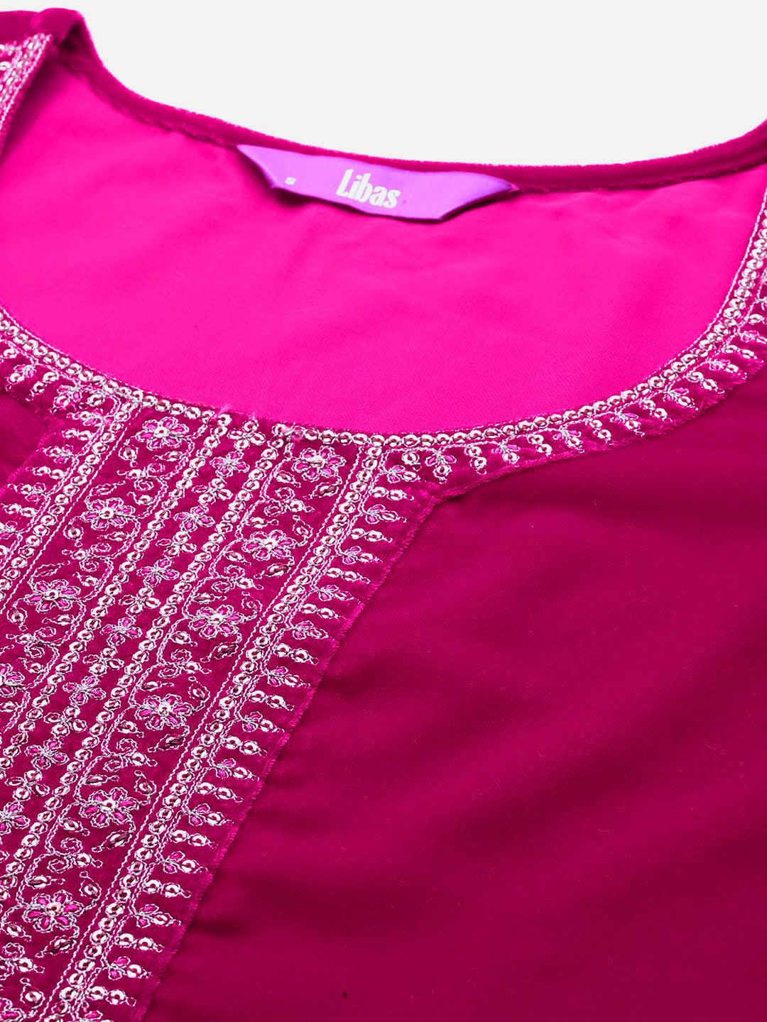 Hot Pink Yoke Design Velvet Straight Kurta With Palazzos & Dupatta - Libas