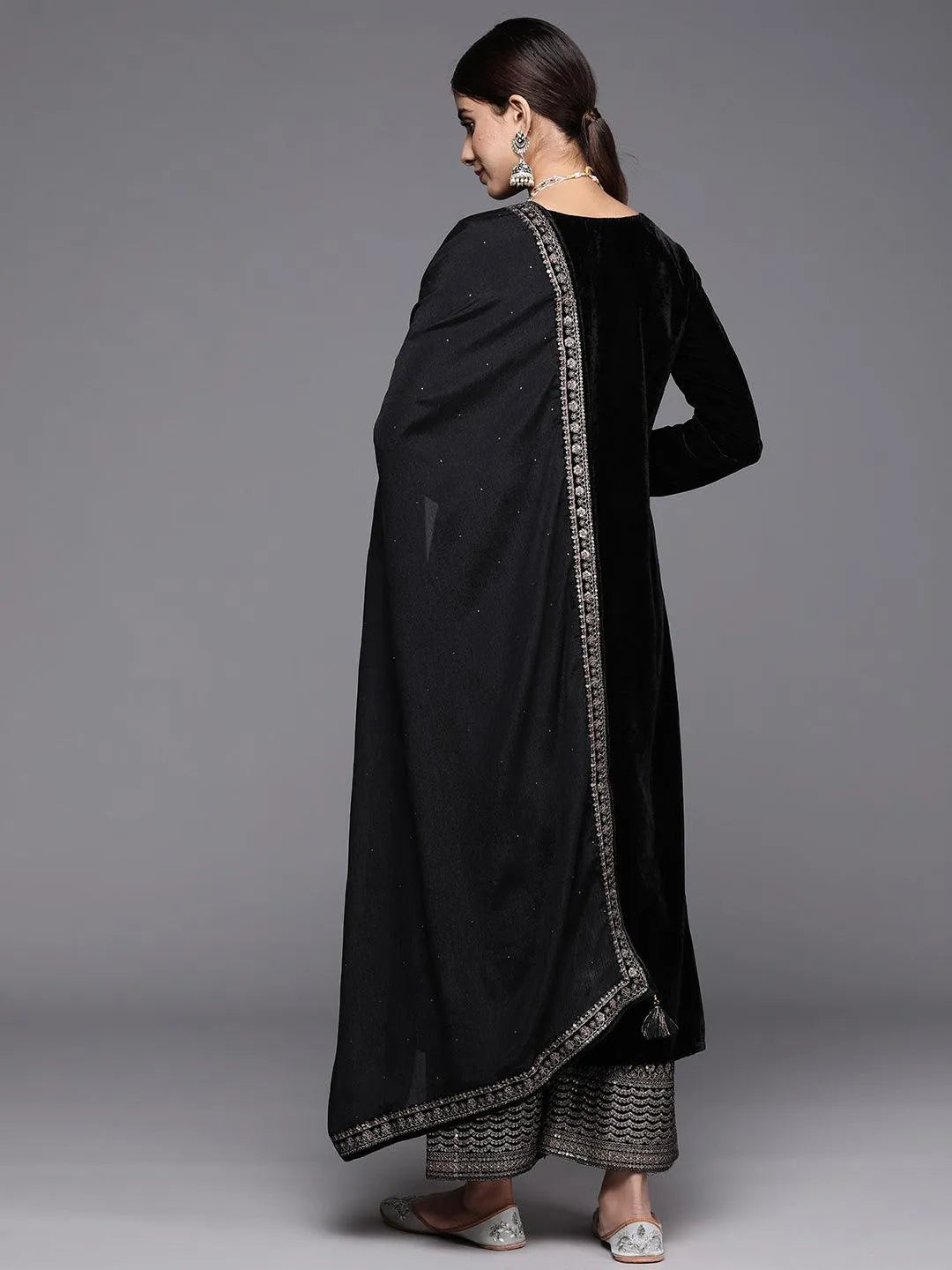 Black Yoke Design Velvet Straight Kurta With Palazzos & Dupatta - Libas 