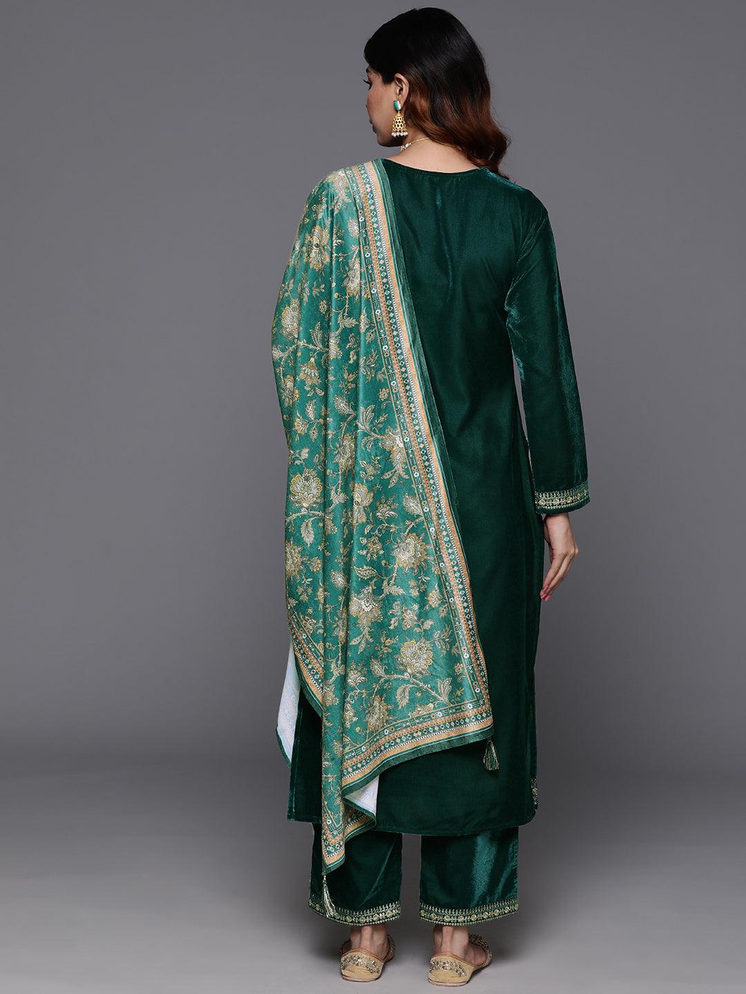 Green Yoke Design Velvet Straight Suit With Dupatta - Libas