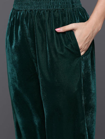 Green Yoke Design Velvet Straight Suit With Dupatta - Libas