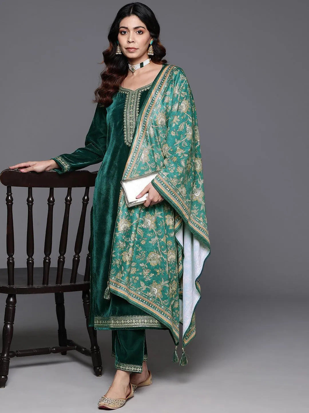 Green Yoke Design Velvet Straight Suit With Dupatta - Libas 