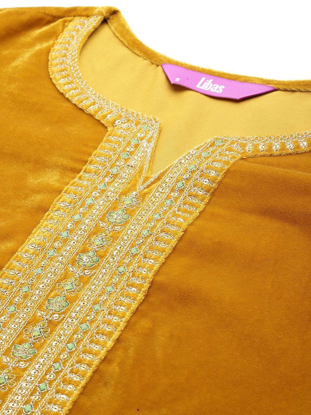 Mustard Yoke Design Velvet Straight Suit With Dupatta - Libas