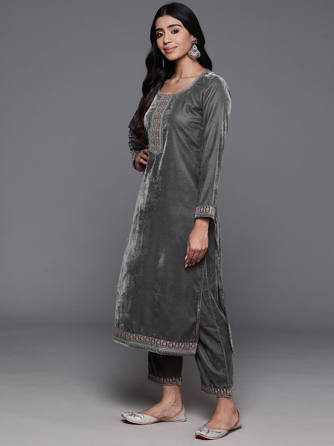 Grey Yoke Design Velvet Straight Suit With Dupatta - Libas