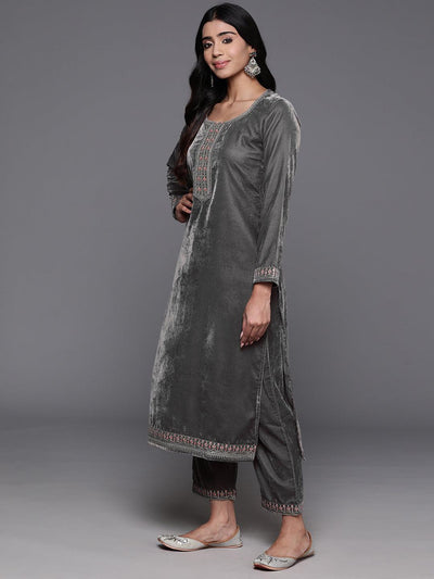 Grey Yoke Design Velvet Straight Suit With Dupatta - Libas