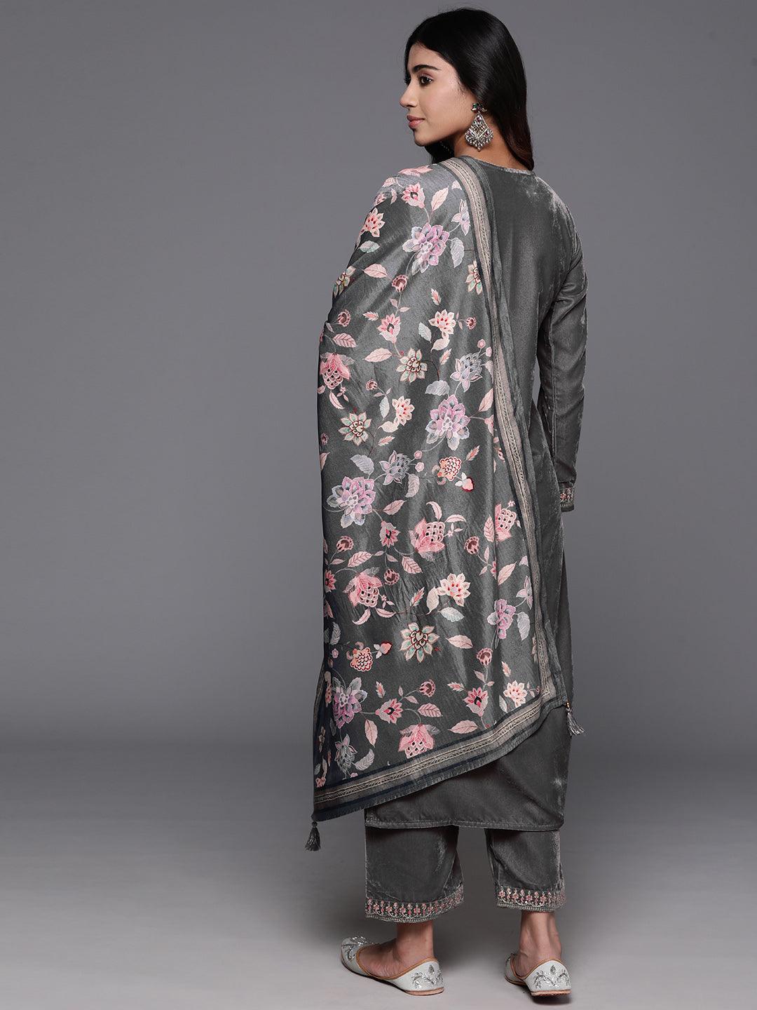Grey Yoke Design Velvet Straight Suit With Dupatta