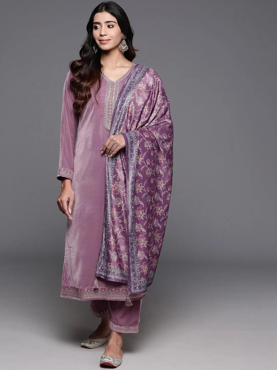 Mauve Yoke Design Velvet Straight Suit With Dupatta - Libas