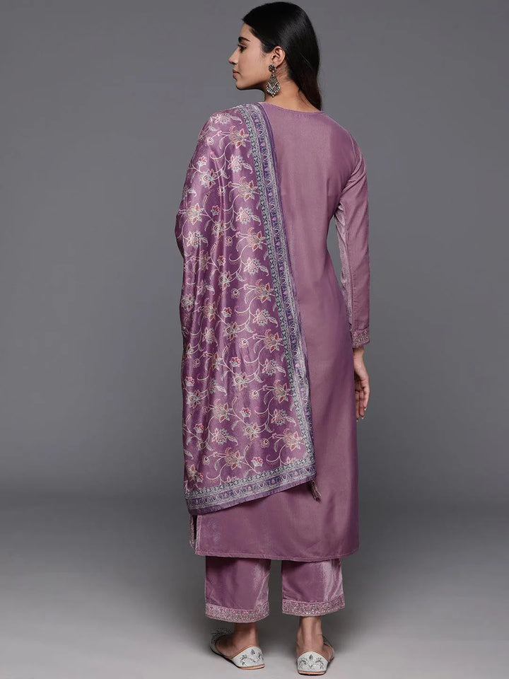 Mauve Yoke Design Velvet Straight Suit With Dupatta - Libas