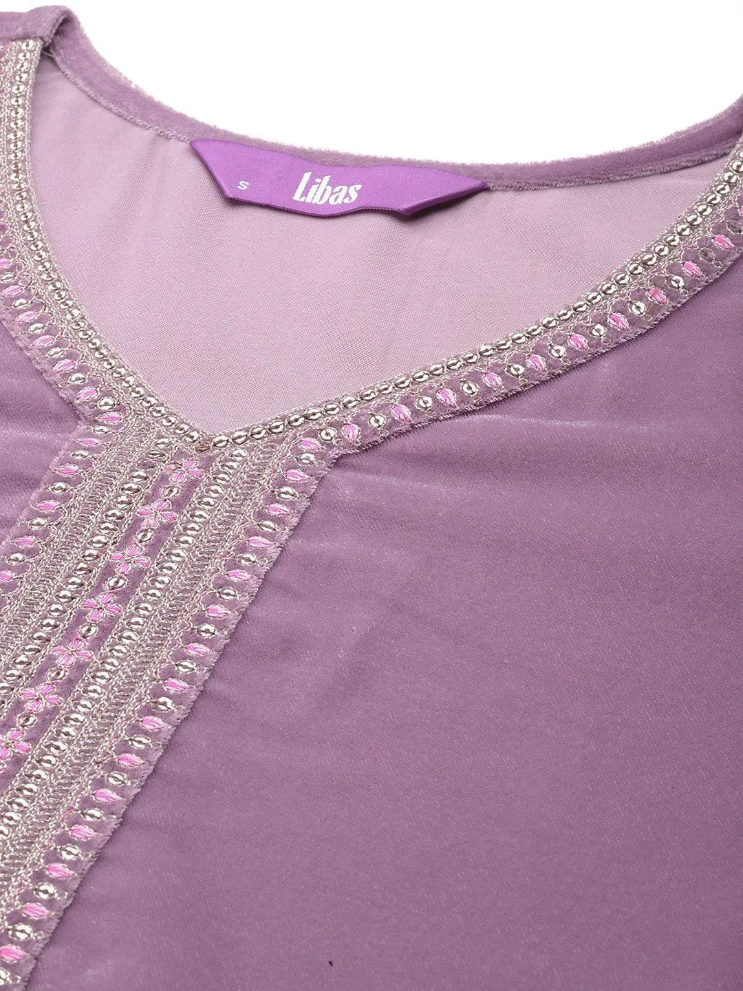 Mauve Yoke Design Velvet Straight Suit With Dupatta - Libas 