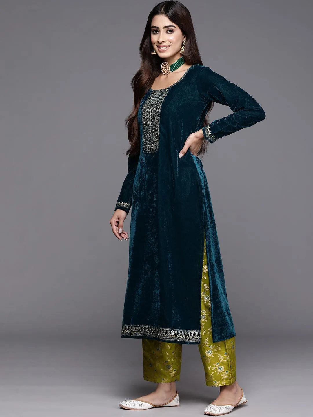 Rama Green Yoke Design Velvet Straight Kurta With Trousers & Dupatta - Libas