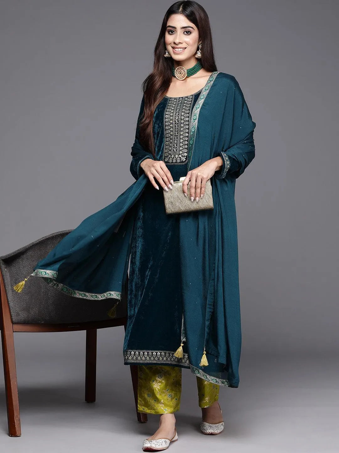 Rama Green Yoke Design Velvet Straight Kurta With Trousers & Dupatta - Libas