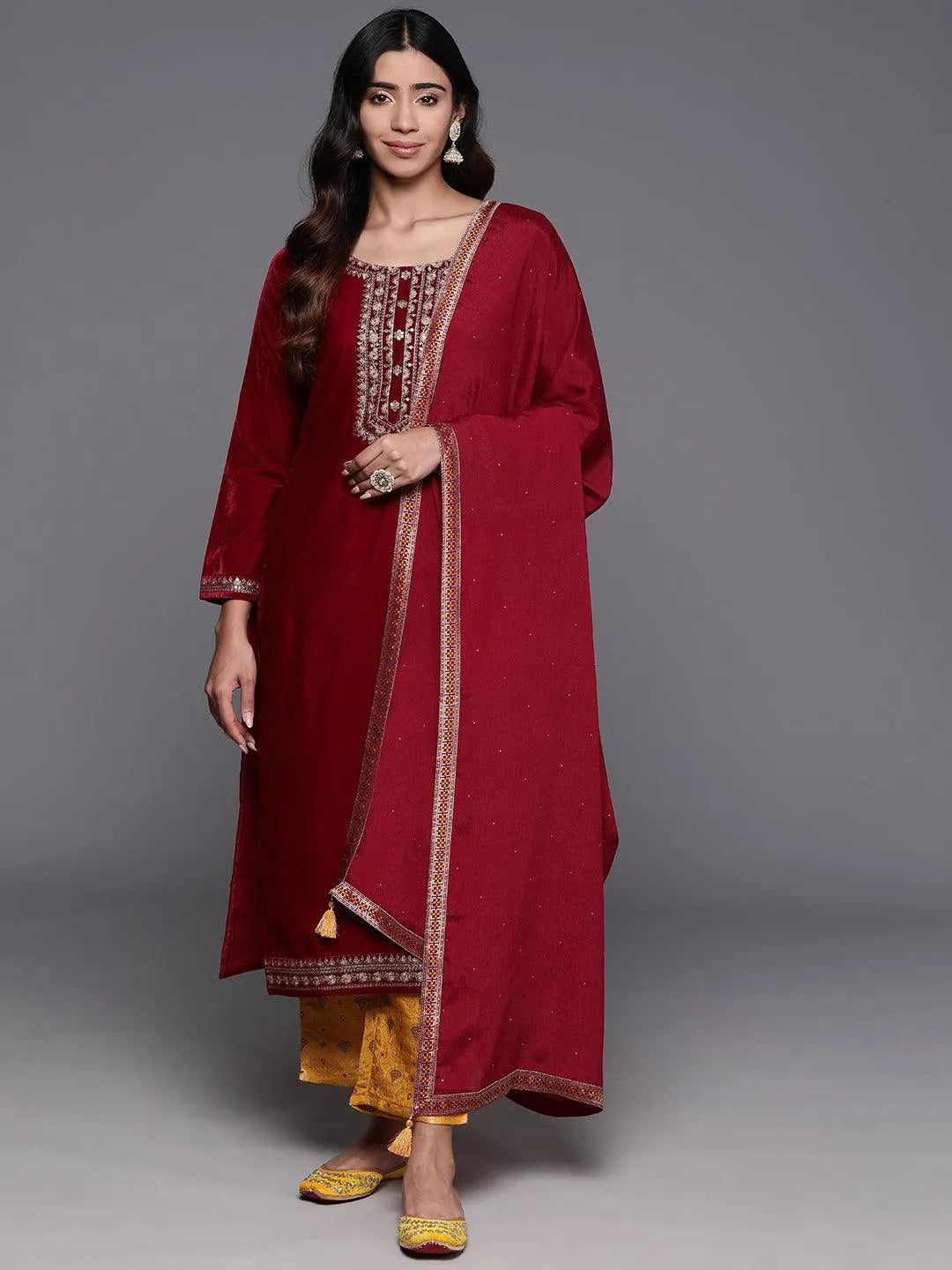 libas Maroon Yoke Design Velvet Straight Suit With Dupatta-picture-33