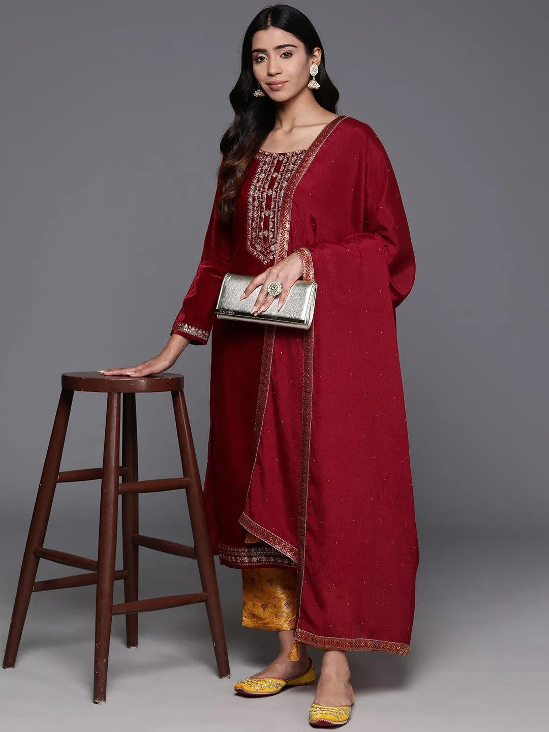 Maroon Floral Yoke Design Regular Zardozi Kurta with Trousers & With Dupatta