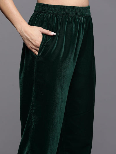 Bottle Green Yoke Design Velvet Straight Kurta With Trousers & Dupatta - Libas