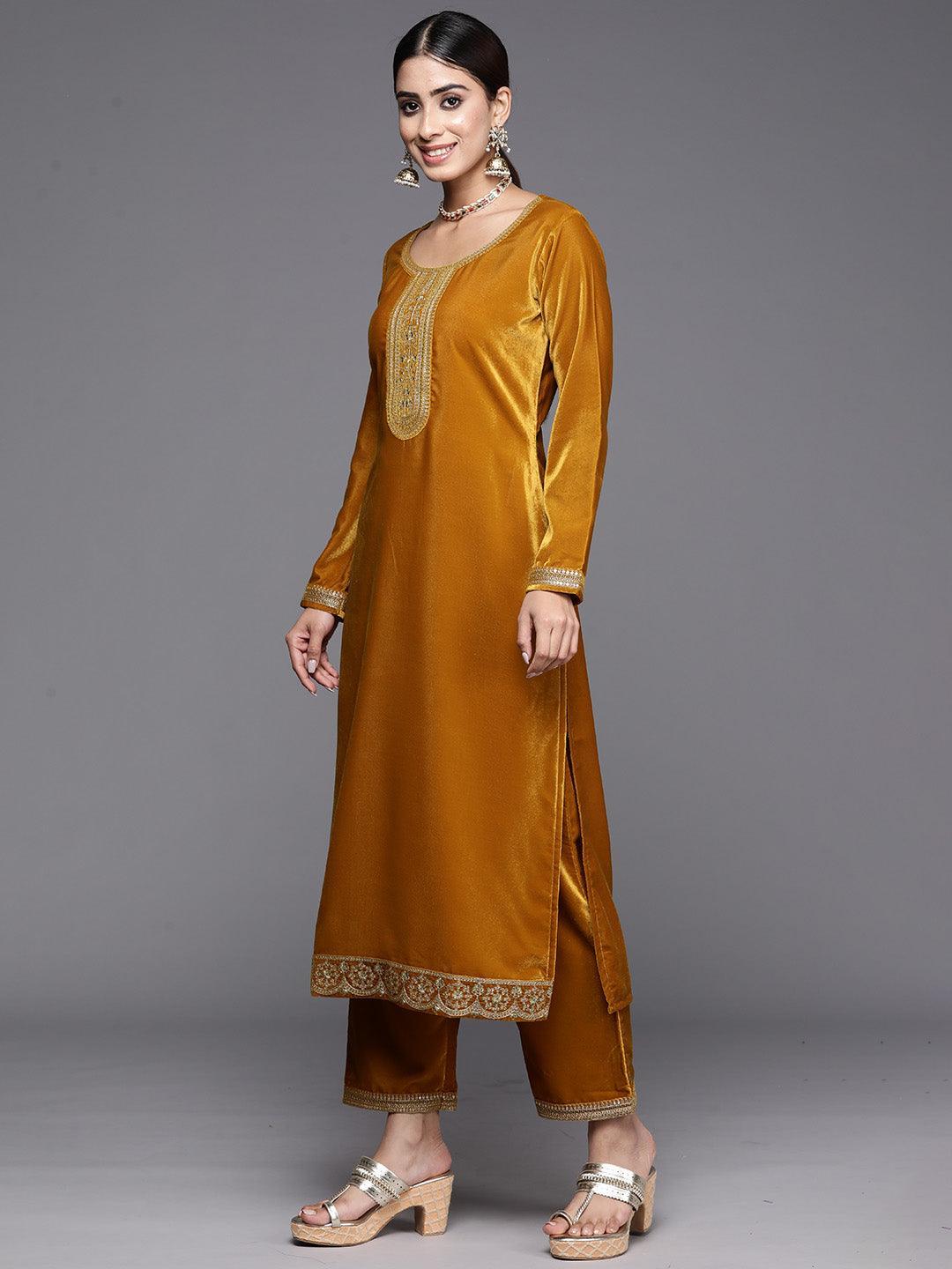 Mustard Yoke Design Velvet Straight Suit With Dupatta