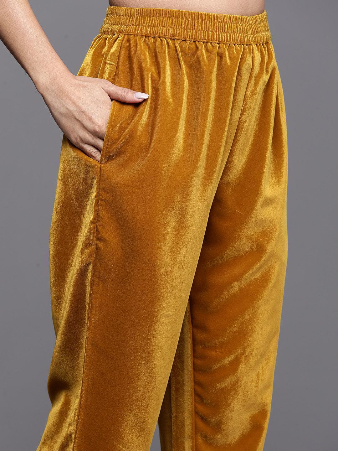 Mustard Yoke Design Velvet Straight Suit With Dupatta