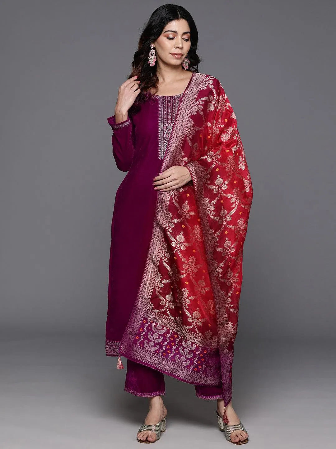 Fuchsia Yoke Design Velvet Straight Kurta With Trousers & Dupatta - Libas