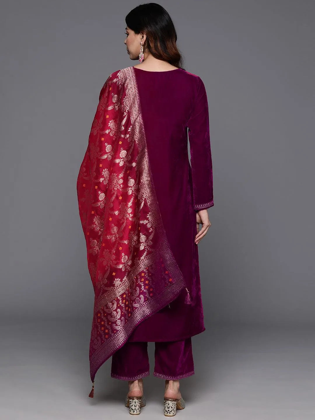 Fuchsia Yoke Design Velvet Straight Kurta With Trousers & Dupatta - Libas 
