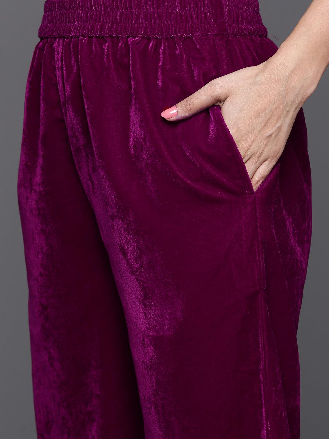 Fuchsia Yoke Design Velvet Straight Kurta With Trousers & Dupatta - Libas