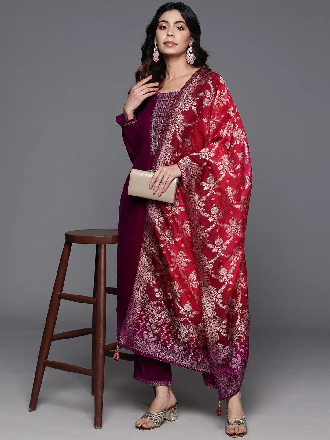 Fuchsia Yoke Design Velvet Straight Kurta With Trousers & Dupatta - Libas 