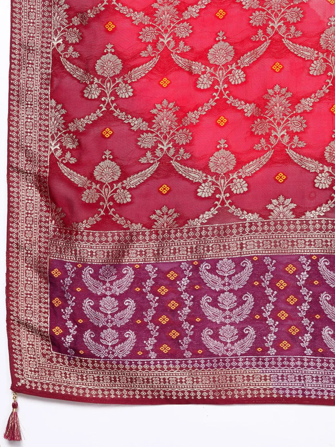 Fuchsia Yoke Design Velvet Straight Kurta With Trousers & Dupatta - Libas 