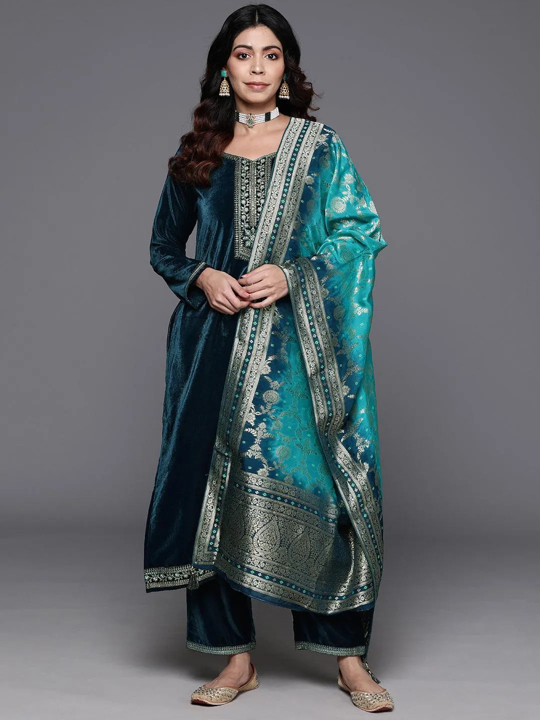  Teal Yoke Design Velvet Straight Suit With Dupatta 