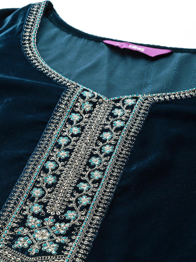 Teal Yoke Design Velvet Straight Suit With Dupatta - Libas