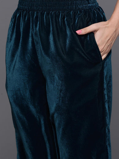 Teal Yoke Design Velvet Straight Suit With Dupatta - Libas