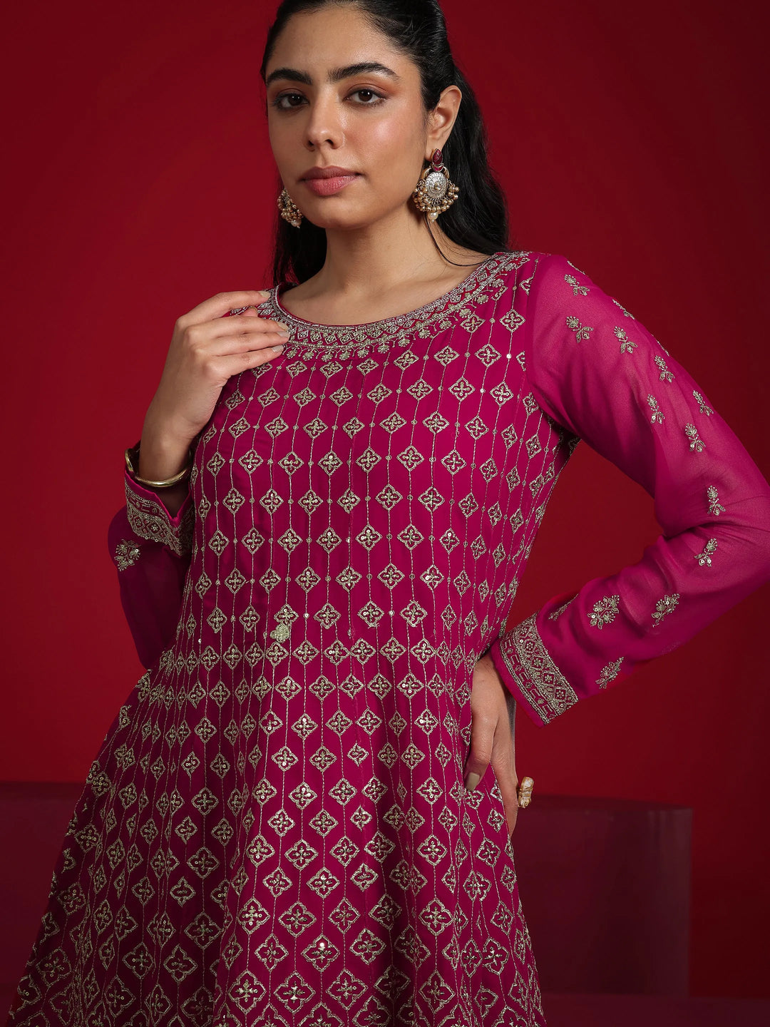  Libas Art Pink Embroidered Georgette A-Line Sharara Suit Set With Dupatta 