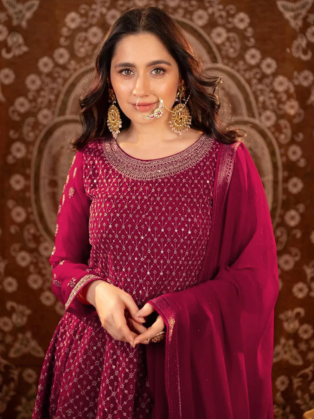 Libas Art Hot Pink Embroidered Georgette A-Line Sharara Suit Set With Dupatta