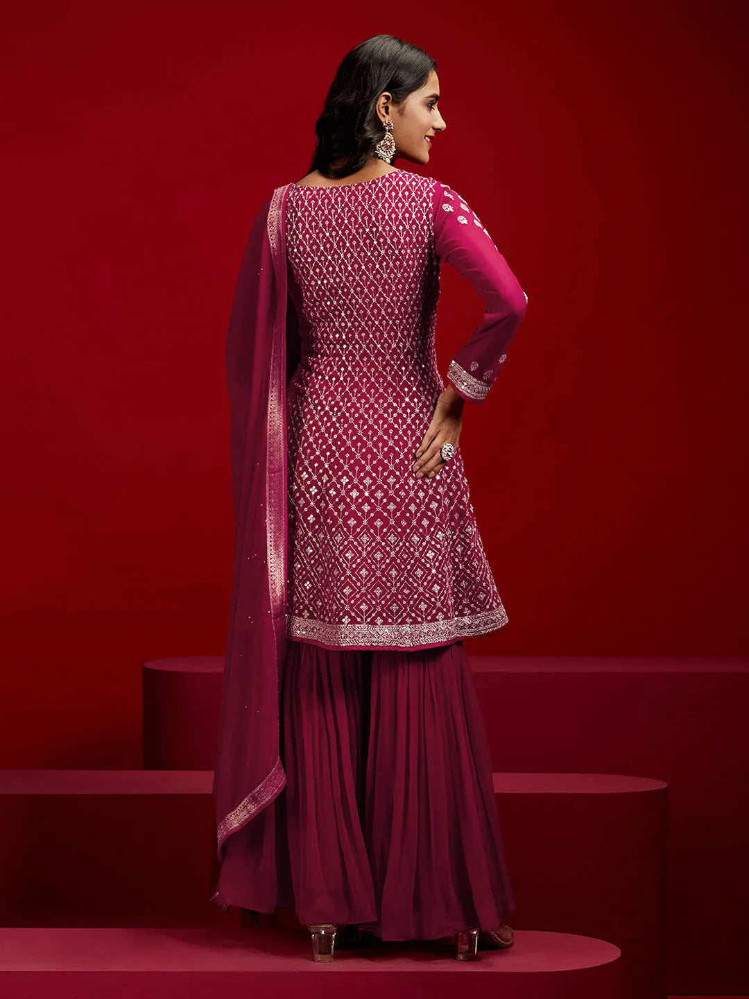  Libas Art Hot Pink Embroidered Georgette A-Line Sharara Suit Set With Dupatta 