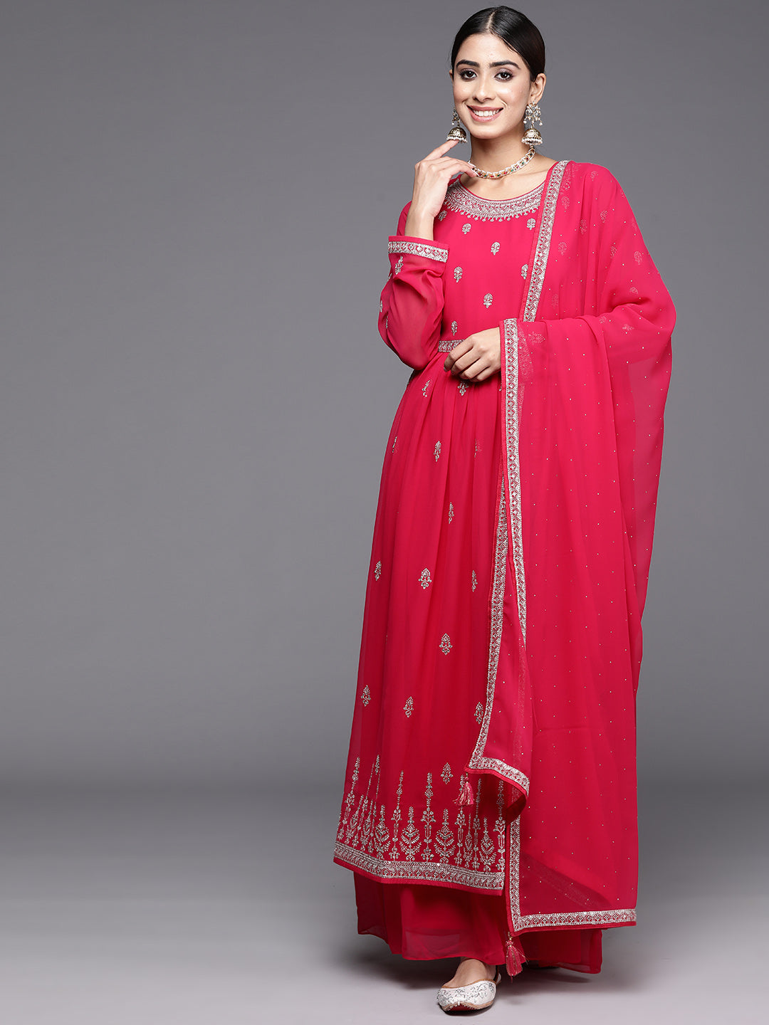  Hot Pink Embroidered Georgette A-Line Kurta With Palazzos & Dupatta 