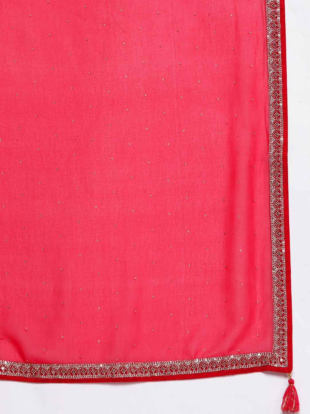 Hot Pink Embroidered Georgette A-Line Kurta With Palazzos & Dupatta